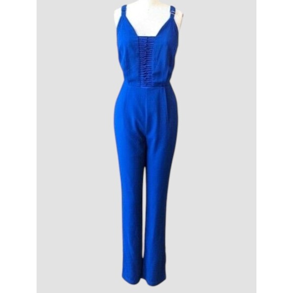 Adelyn Rae Straight Leg Jumpsuit Sz SM Cobalt Blue Cocktail Knot Front V Neck - Picture 2 of 9